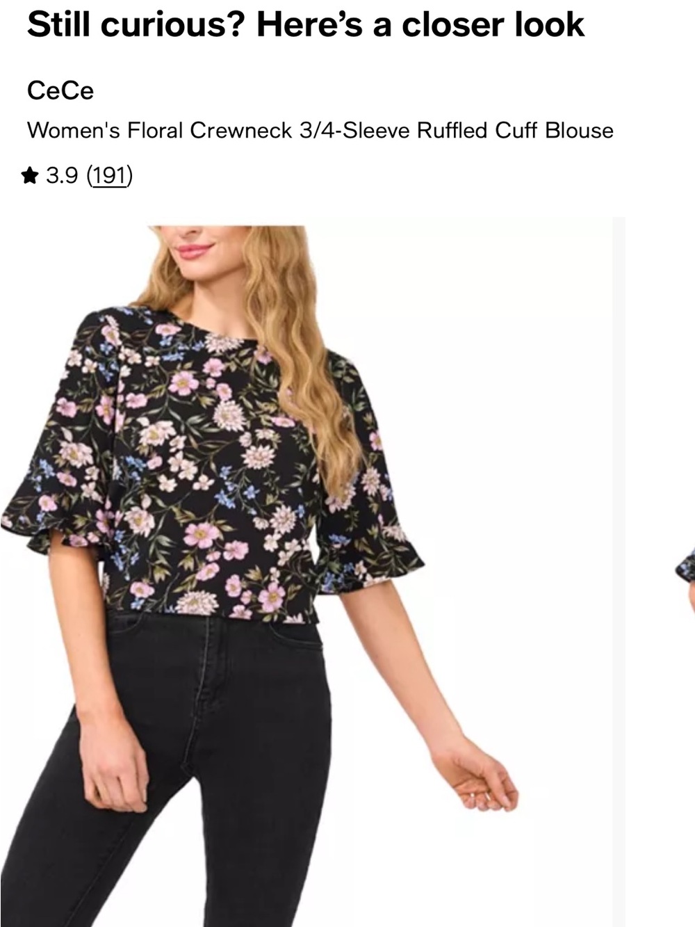 CeCe Black Floral Crewneck 3/4-Sleeve Ruffle Cuff Blouse